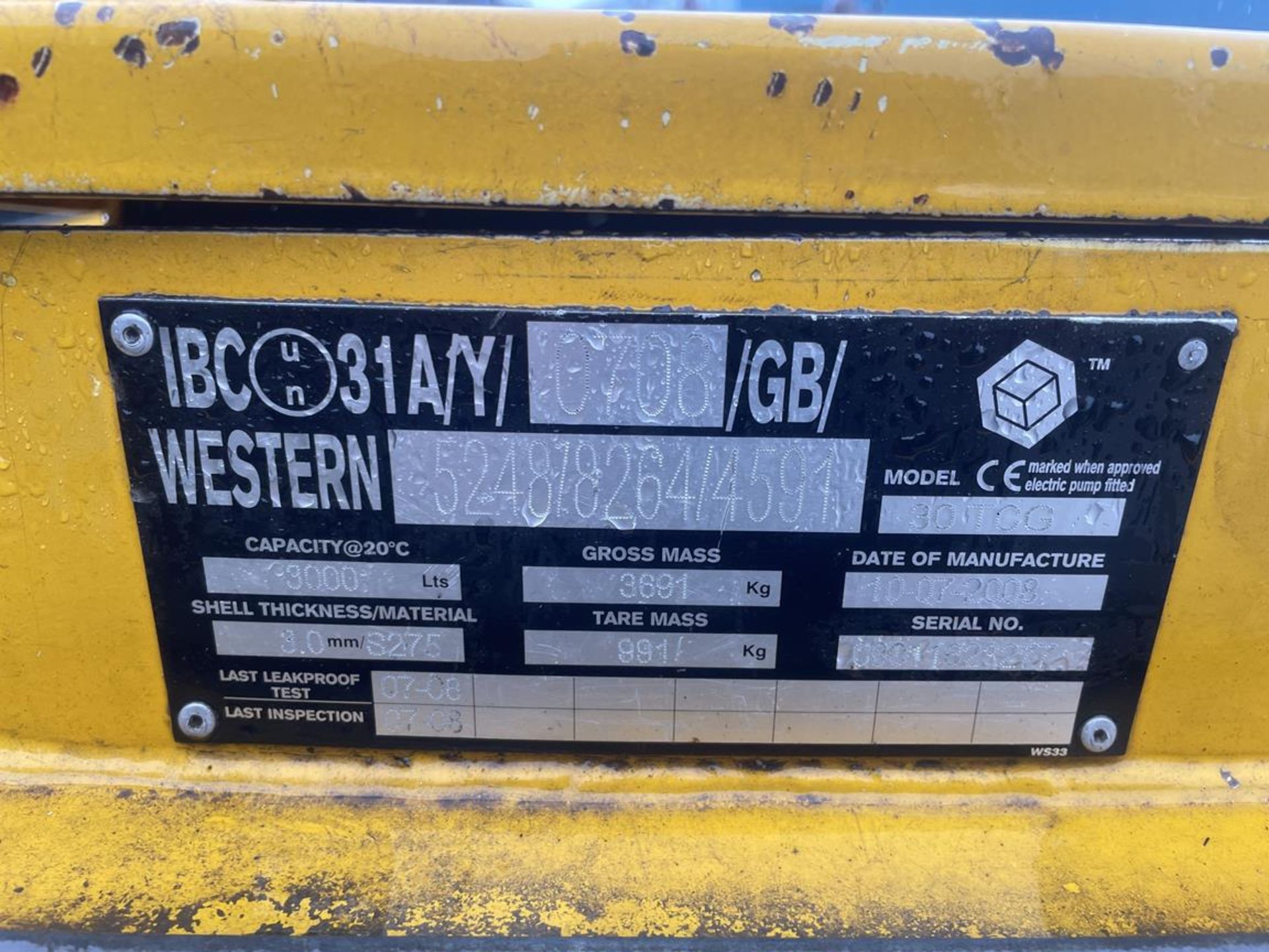 Western 30TCG 3000 Litre Capacity Steel Diesel Fuel Cube S/No. 5248/8264/4591 (YOM: 2008) - Bild 3 aus 4