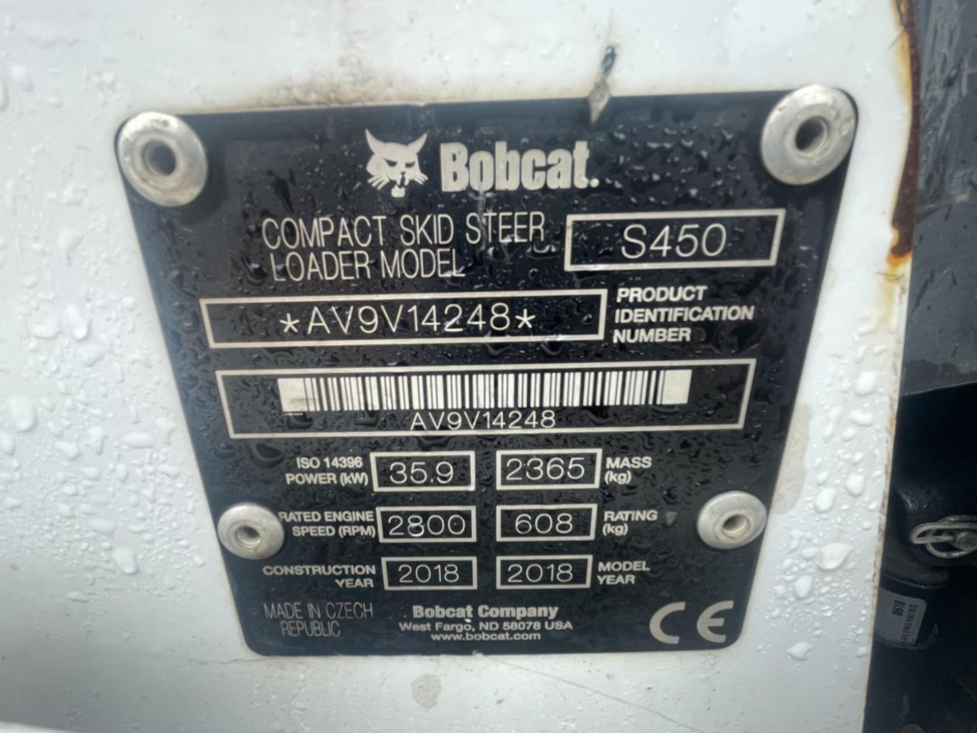 Bobcat S450 Compact Skid Steer Loader Model S450 600kg Max Capacity, S/No. AV9V14248 (YOM: 2018), - Image 4 of 10