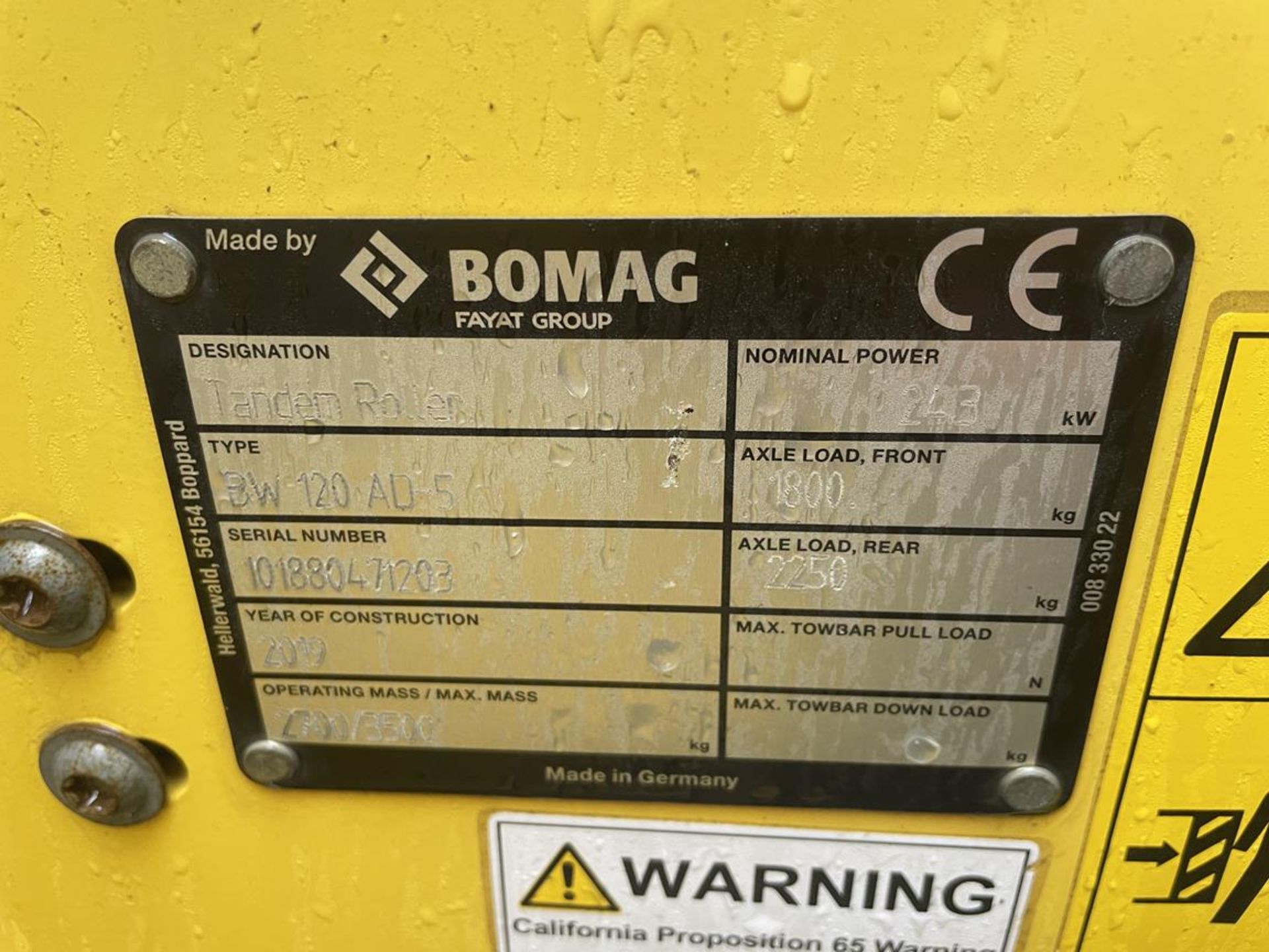 Bomag BW120 AD-5 Tandem Roller, 2700/3500kg Operating Mass S/No. 101880471203 (YOM: 2019) - Bild 6 aus 9
