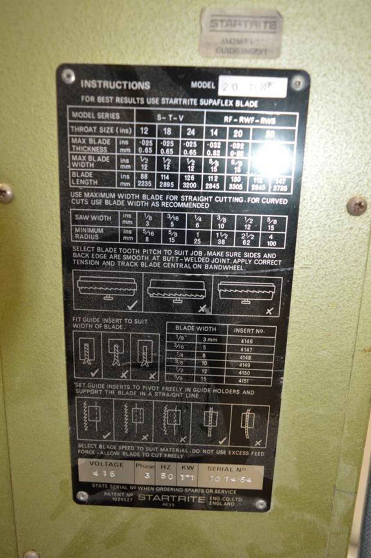 Startrite, 20RWF vertical band saw with blade break welder, Serial No. 101454 - Image 5 of 8