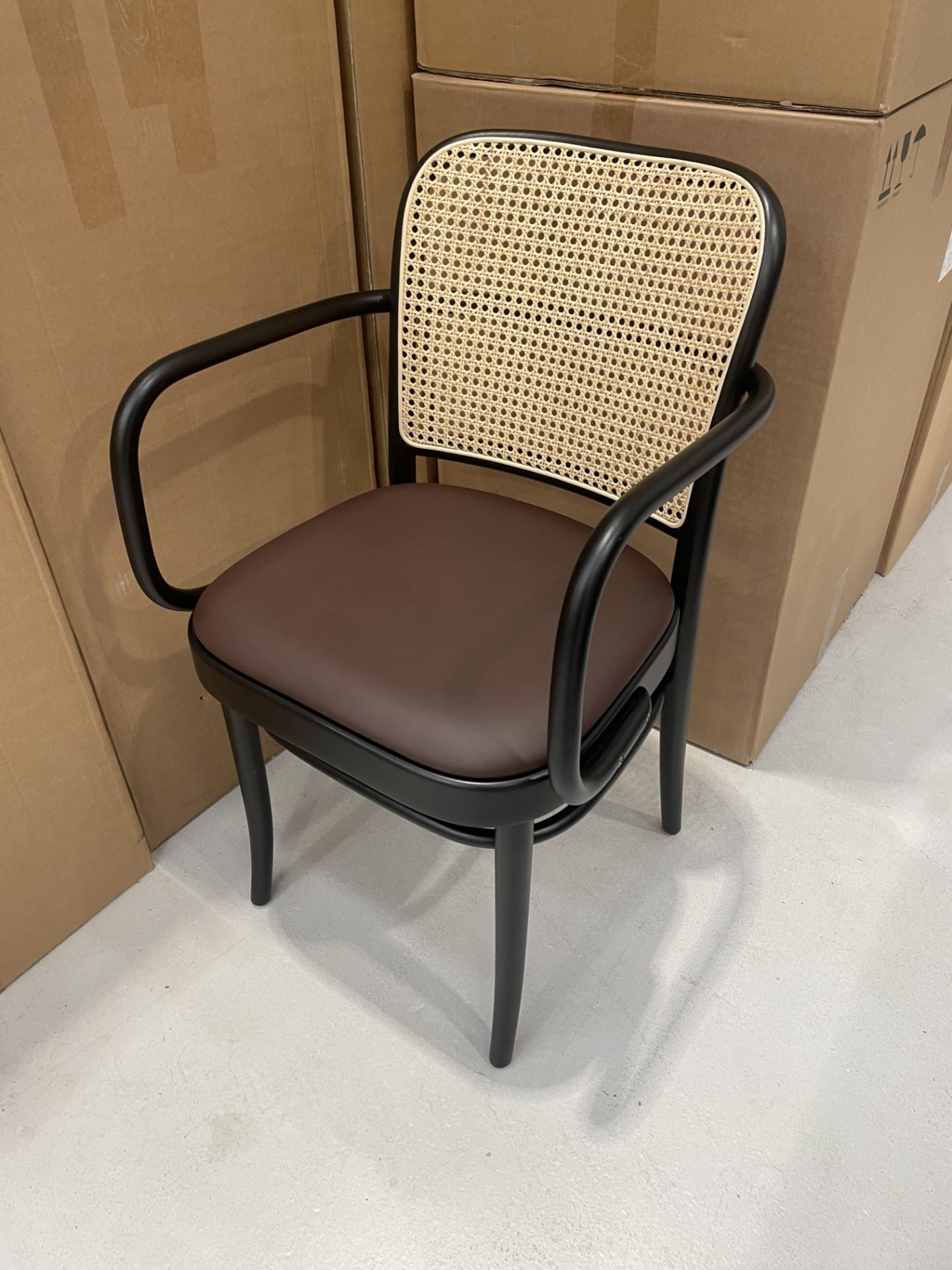 4x (no.) boxes tan rattan back chairs with arms (one chair per box)