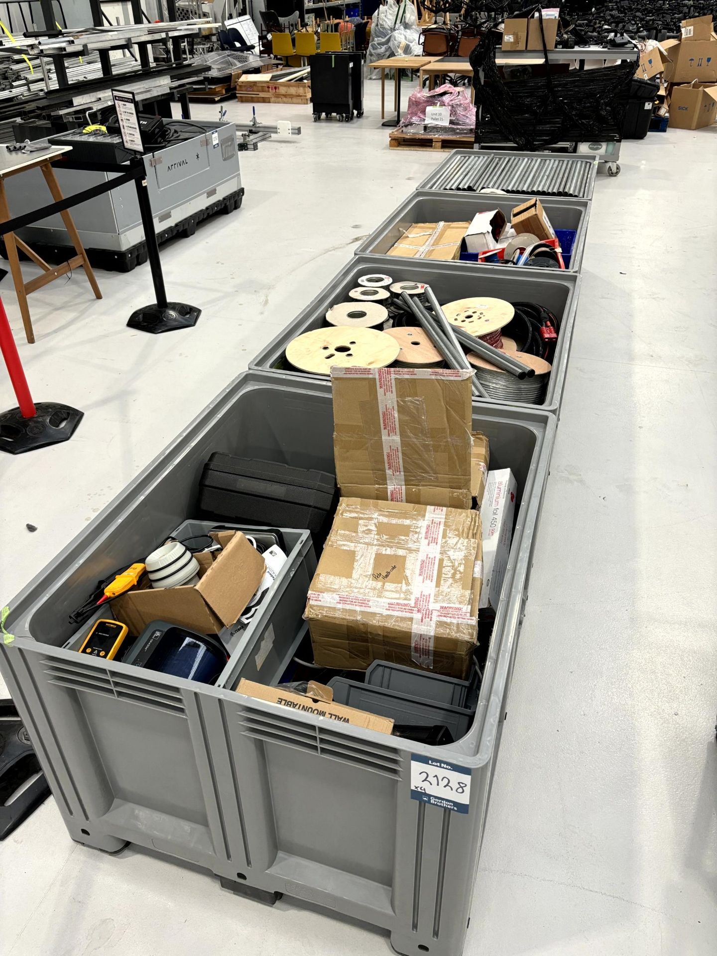 4x (no.) plastic pallet boxes with associated cable reels contents