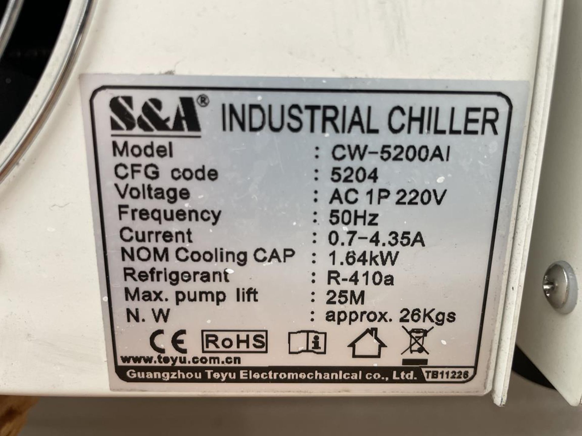 S&A, CW-5200 industrial chiller, Serial No. CS52670431 - Image 3 of 3