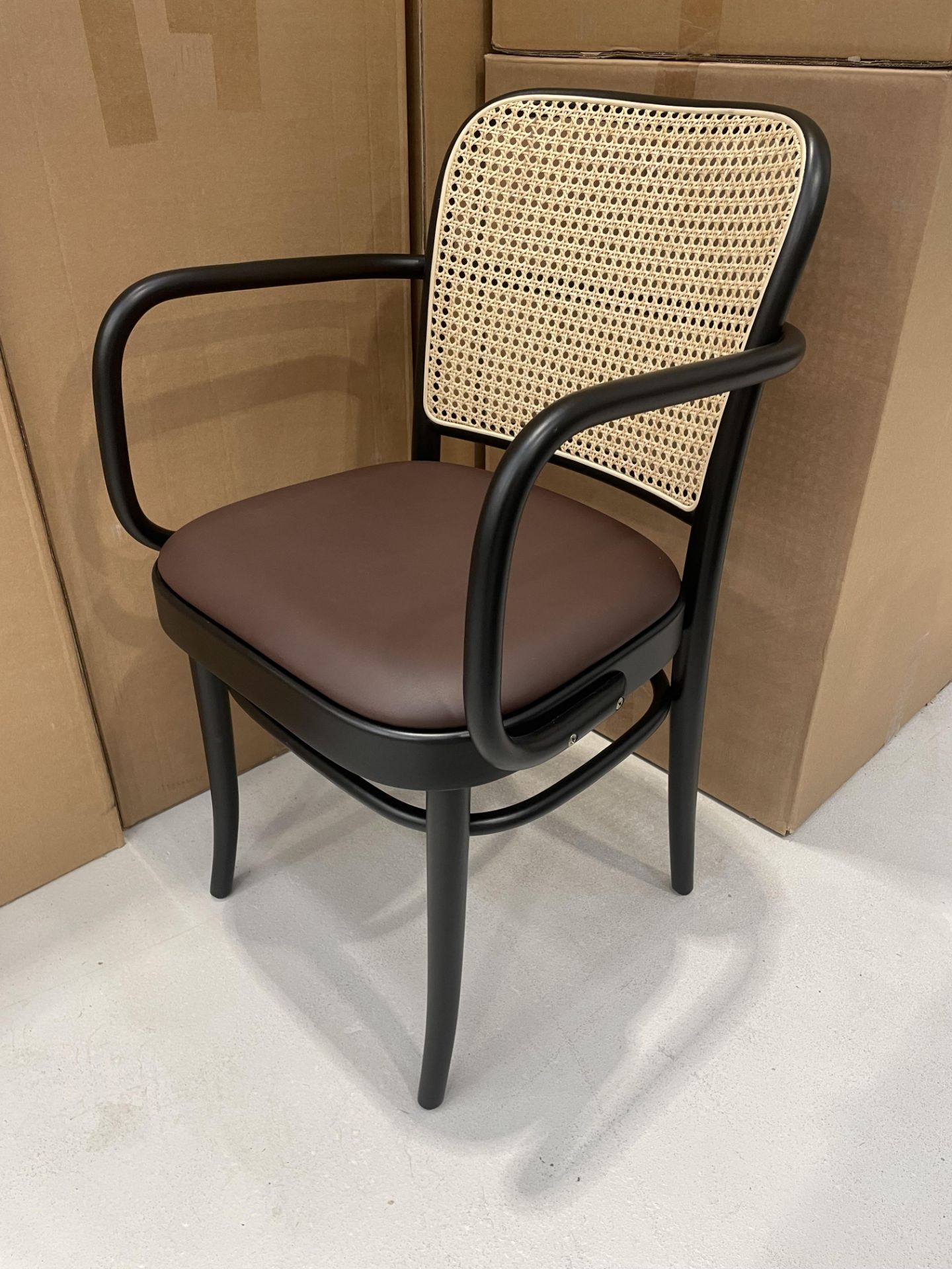 4x (no.) boxes tan rattan back chairs with arms (one chair per box)