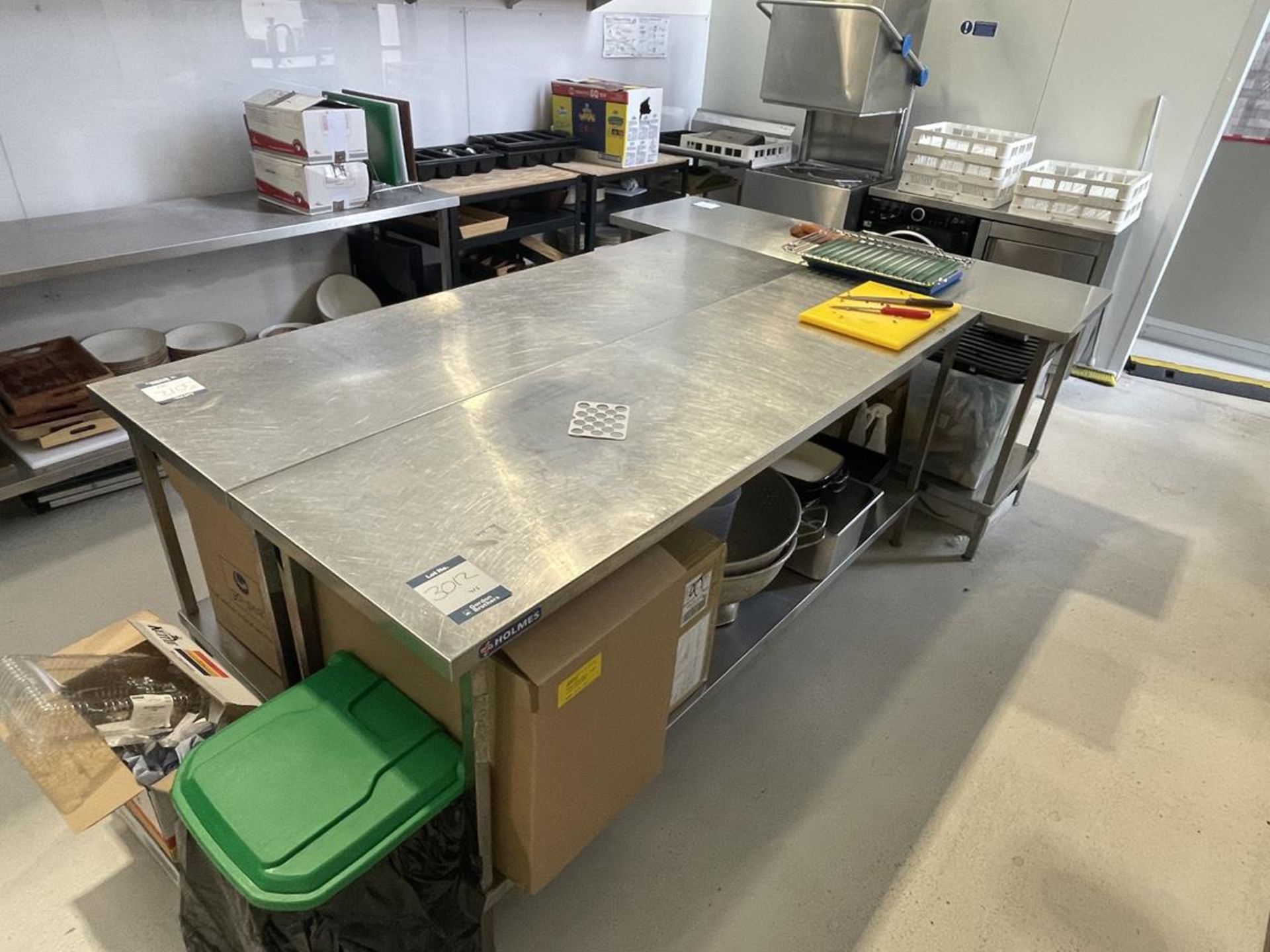 5x (no.) Holmes, stainless steel preparation tables, 2100 x 600 x 890mm approx.