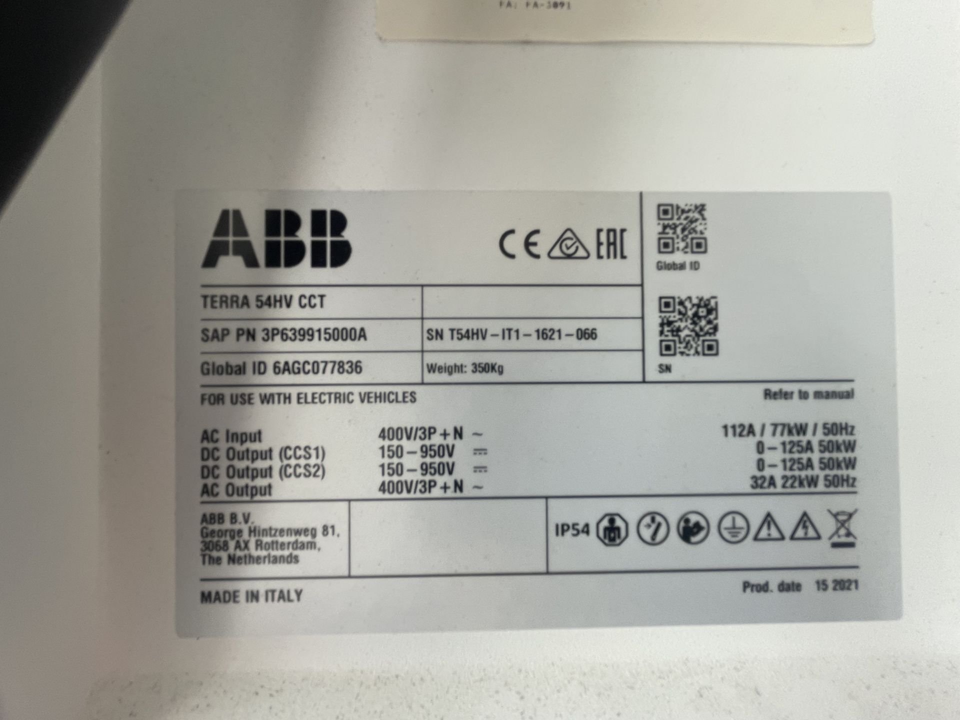 ABB, Terra 54HV CCT fast charging station, Serial No. T54HV-IT1-1621-066, PN. 3P639915000A - Image 3 of 4