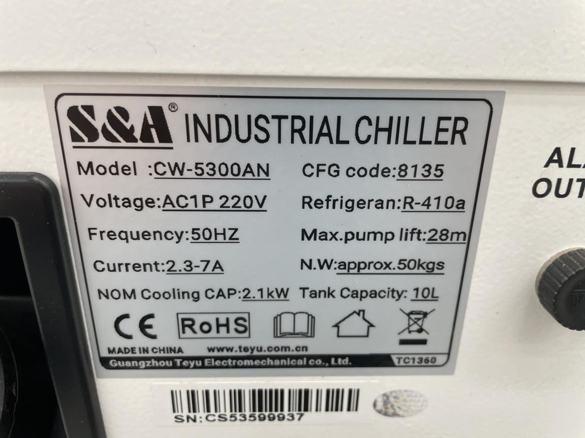 S&A, CW-5300 industrial chiller, Serial No. CS53599937 - Image 3 of 3