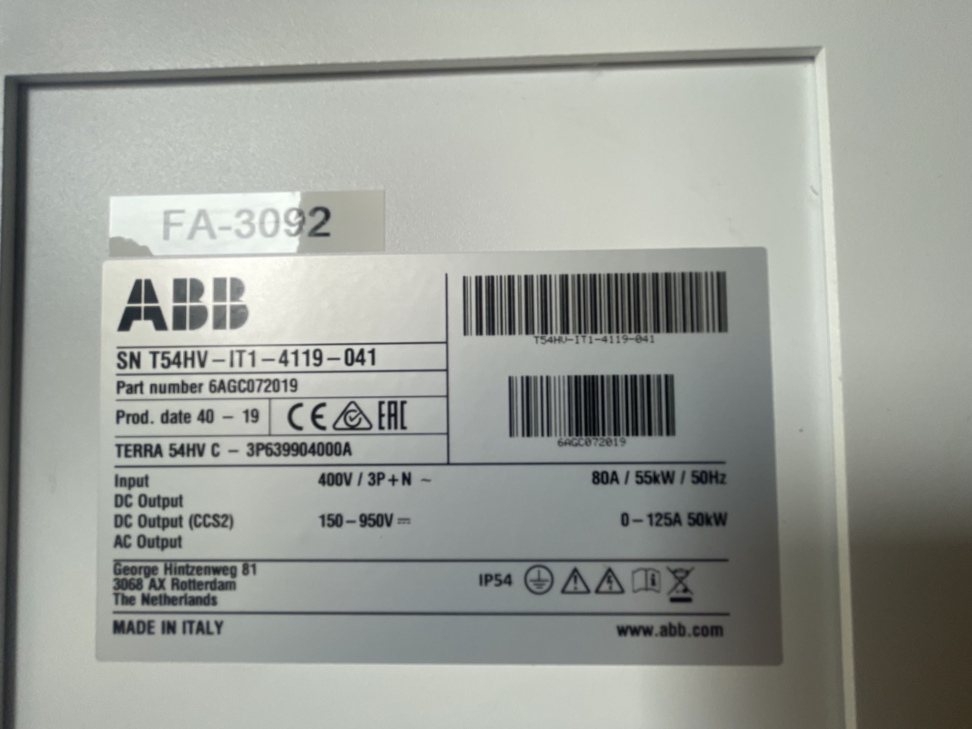 ABB, Fast charging station, Serial No. T54HV-IT1-4119-041 with Terra, 54HVC-3P639914000A (DOM: 2020) - Image 4 of 4