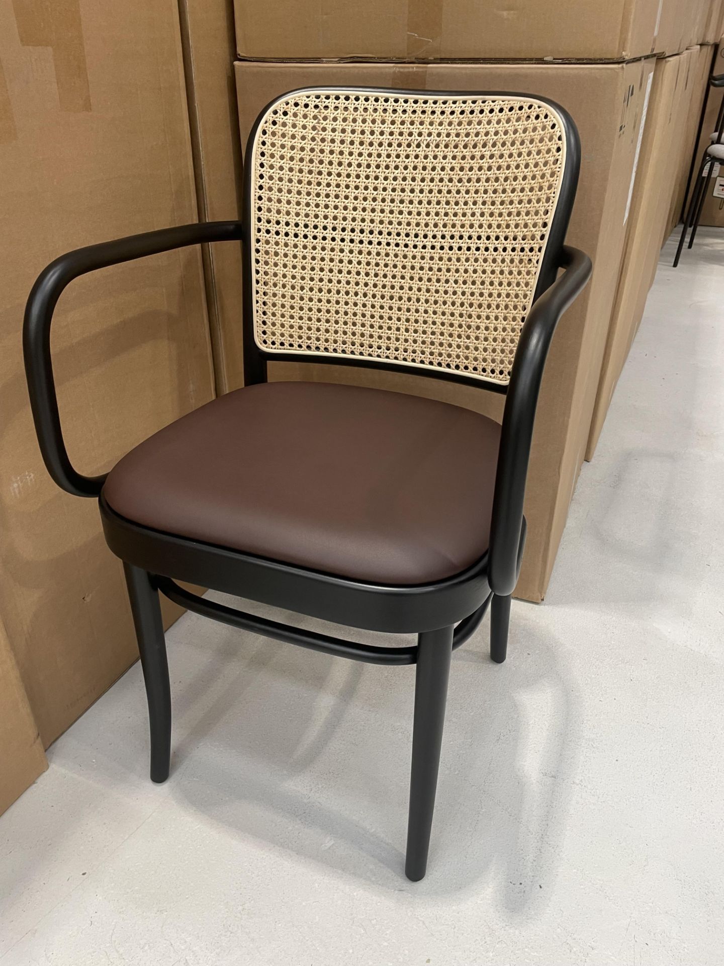 4x (no.) boxes tan rattan back chairs with arms (one chair per box)