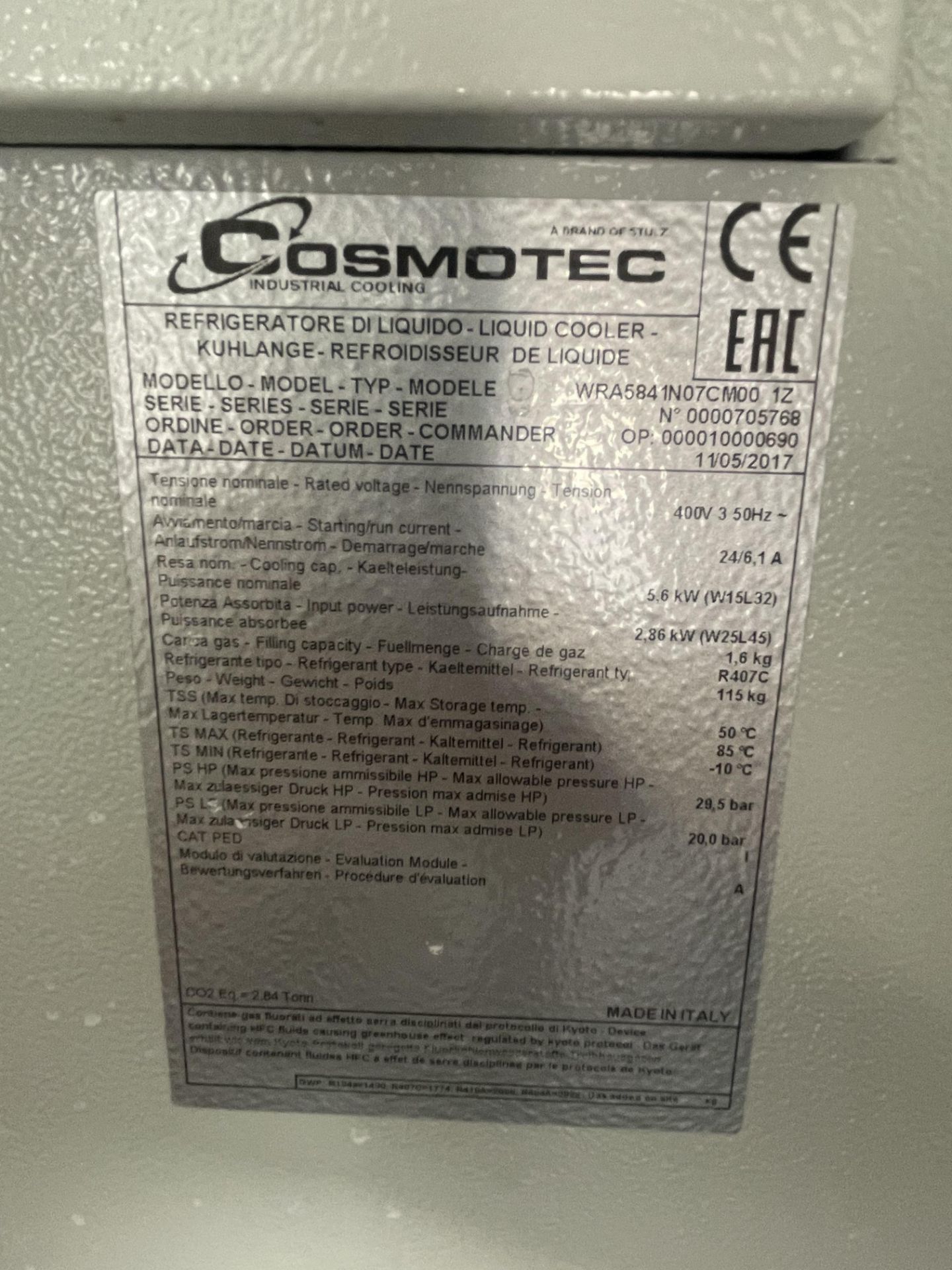 Cosmotec, WRA584IN07CM00 hydro sink, single fan chiller, Serial No. 000010000690 - Image 2 of 3