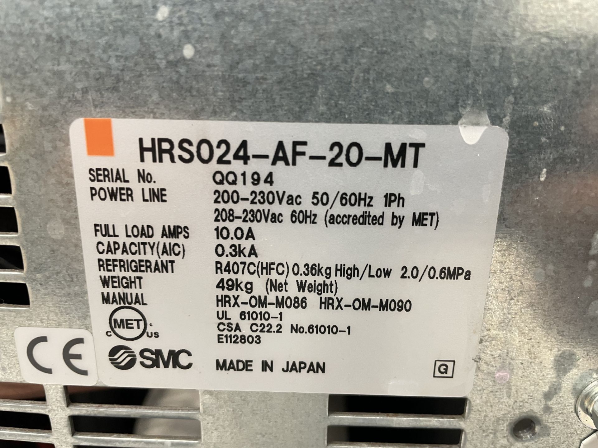 SMC Chiller, HRS024-AF-20-MT, Serial No. QQ194 - Image 3 of 3