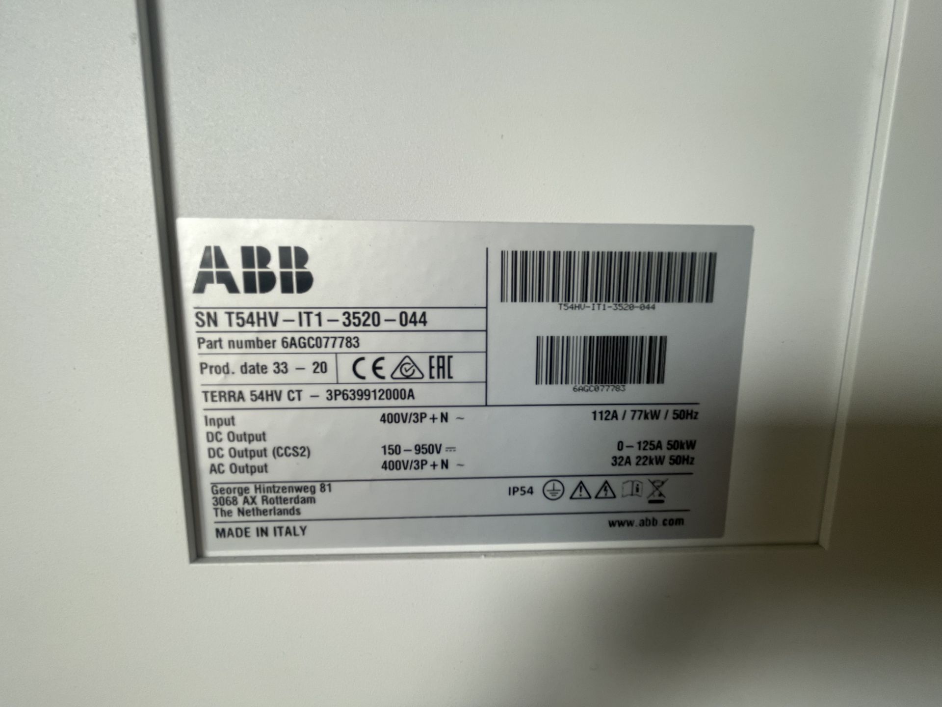 ABB, Fast charging station, Serial No. T54NV-IT1-3520-044 with Terra, 54HV-CT-3P639912000A, Part No. - Image 3 of 4