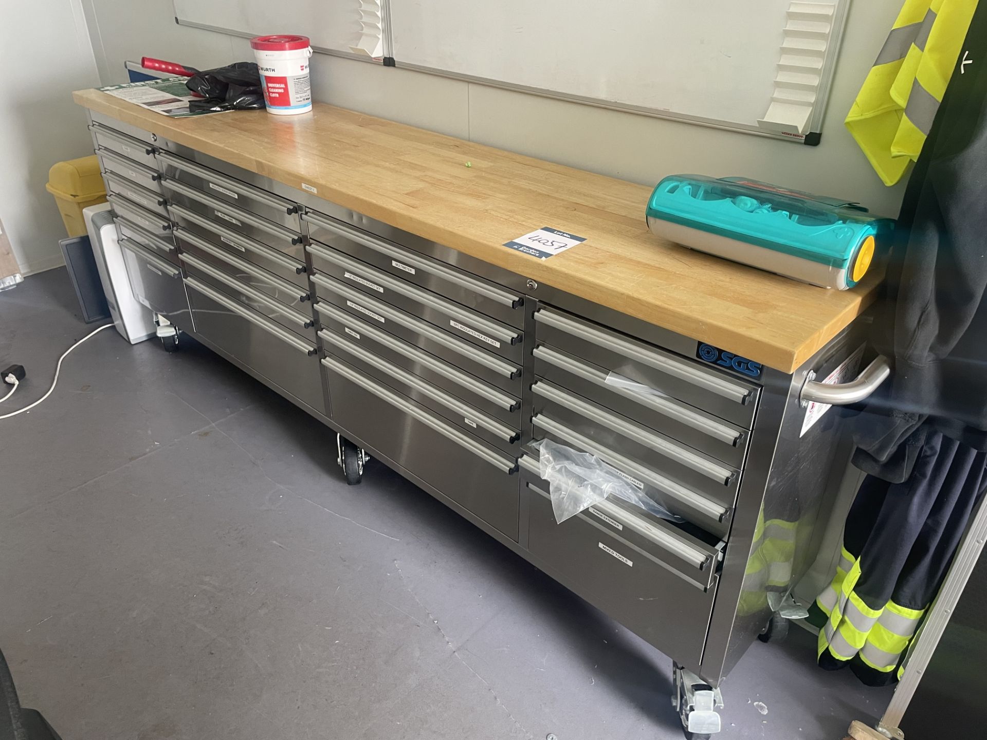 Multi-drawer tool storage cabinet on wheels, desks and shelving