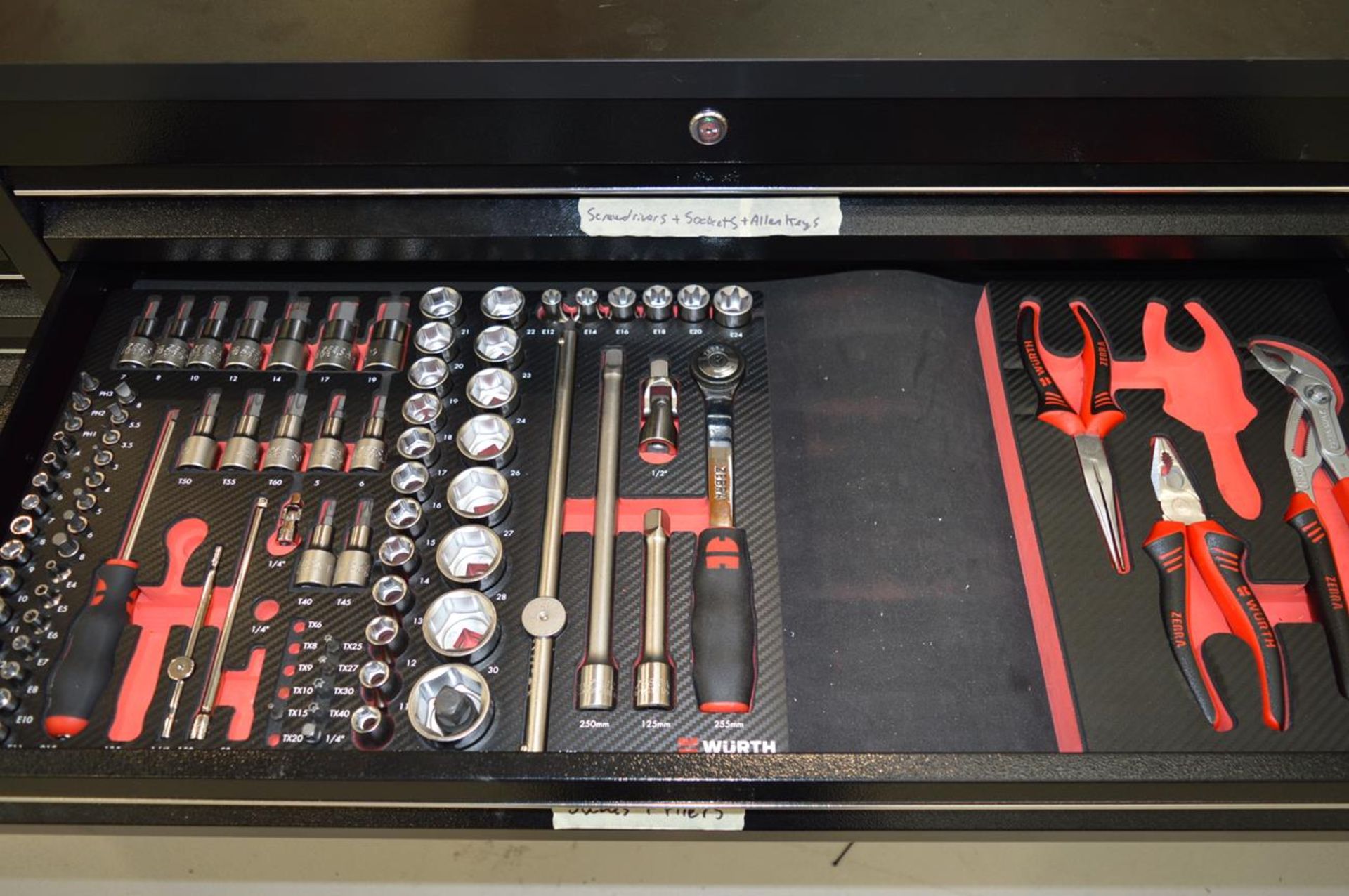 SGS, mobile multi-drawer tool chest slight damage partially tooled with worth socket set, measuremen - Image 4 of 6