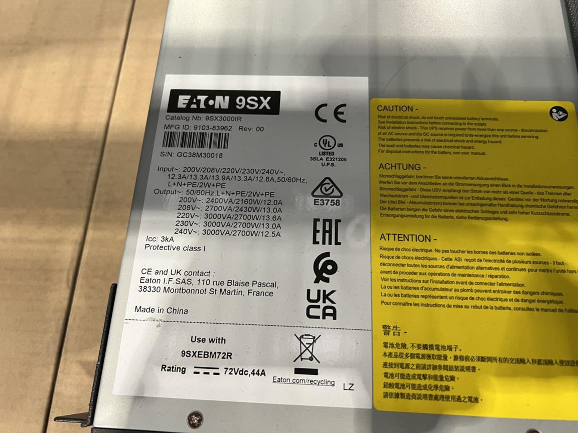 Pallet of 3x (no.) Eaton 9sx EBM 240v Batteries - Image 3 of 3