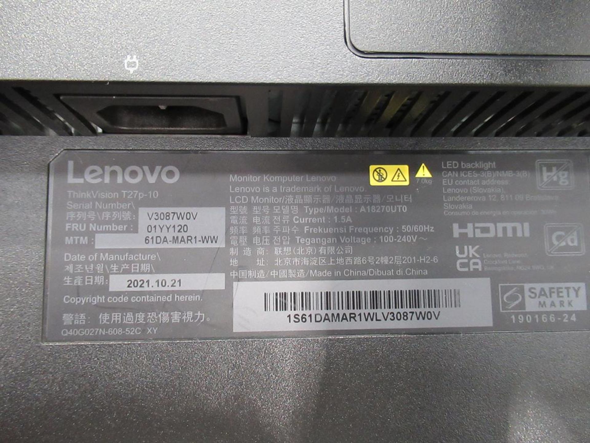 Lenovo, Thinkvision T27P LCD monitor - Image 4 of 5