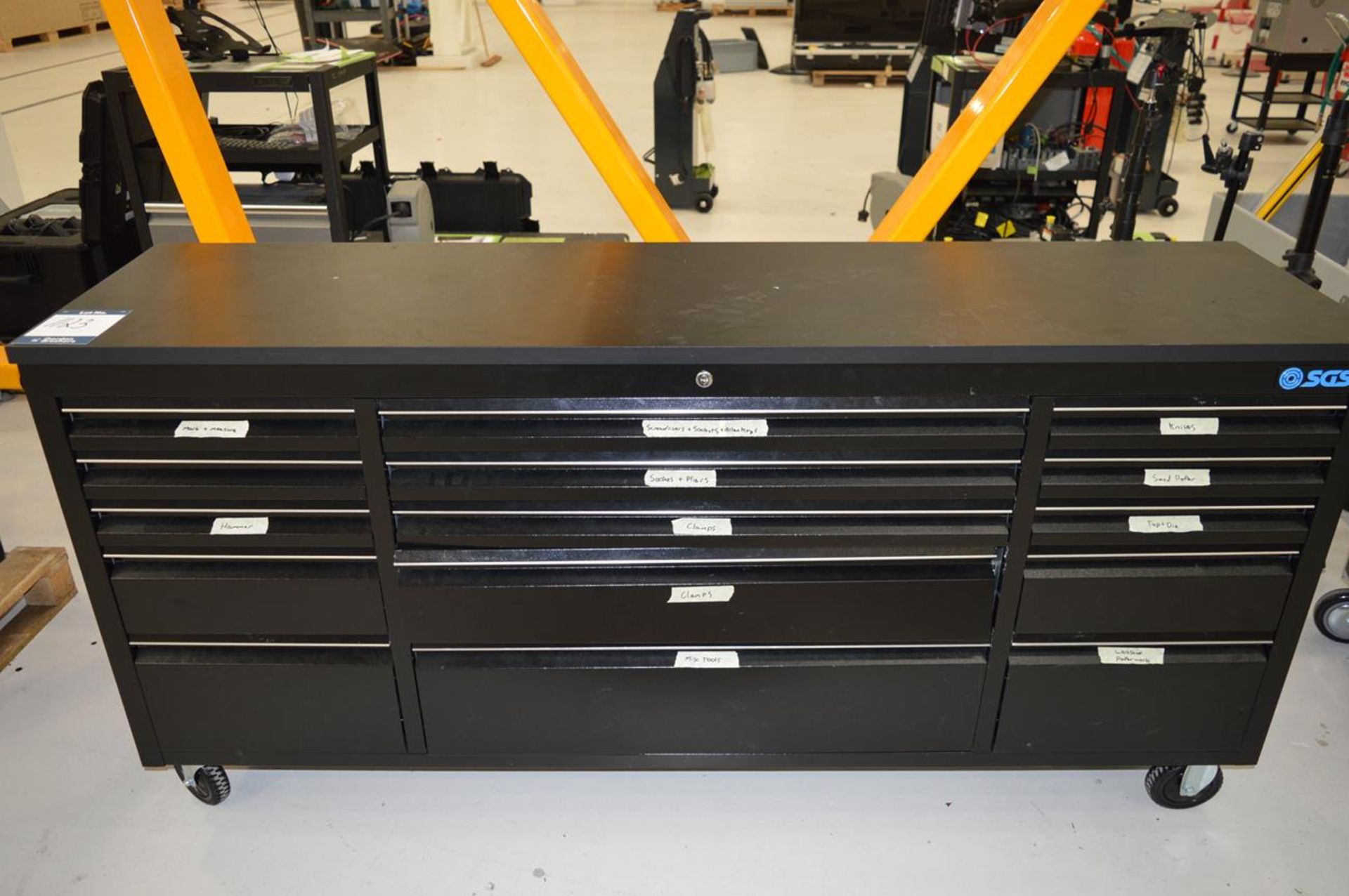 SGS, mobile multi-drawer tool chest slight damage partially tooled with worth socket set, measuremen