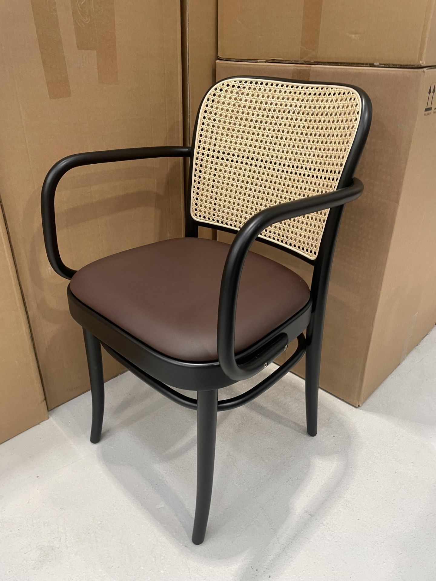 4x (no.) boxes tan rattan back chairs with arms (one chair per box)