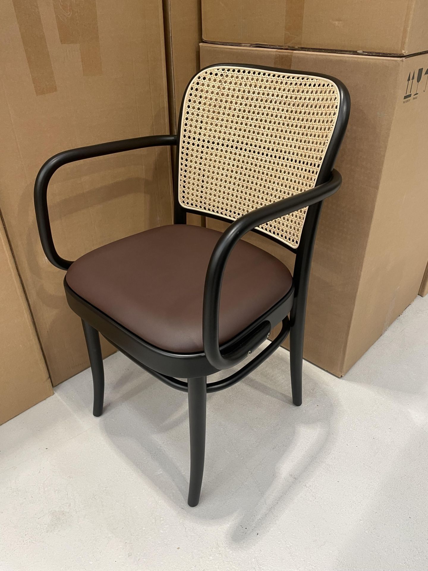 4x (no.) boxes tan rattan back chairs with arms (one chair per box)