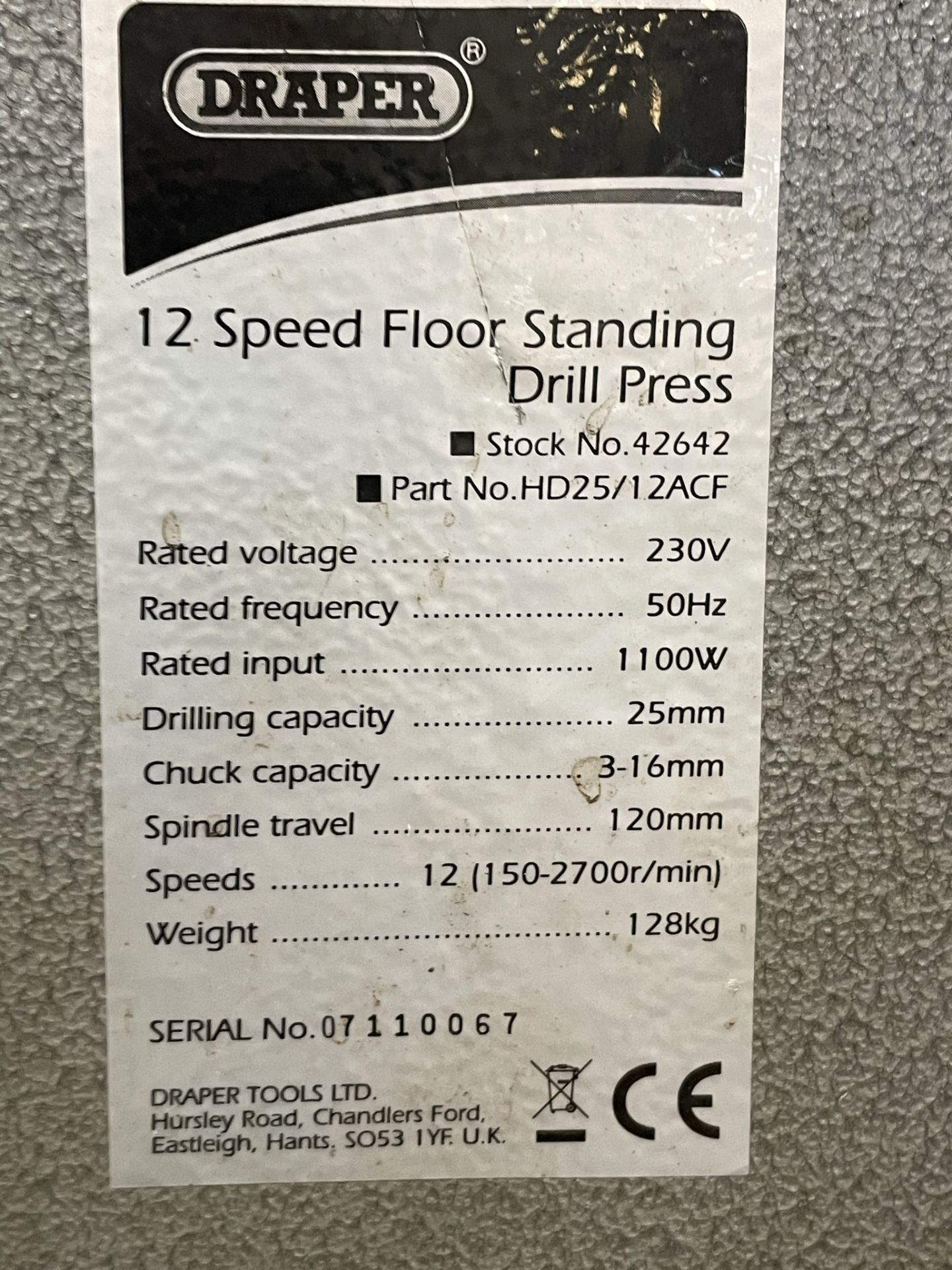 Draper, 12 speed pillar drilling machine, Serial No. 07110067, 350 x 350mm 'T' slot table - Image 5 of 5