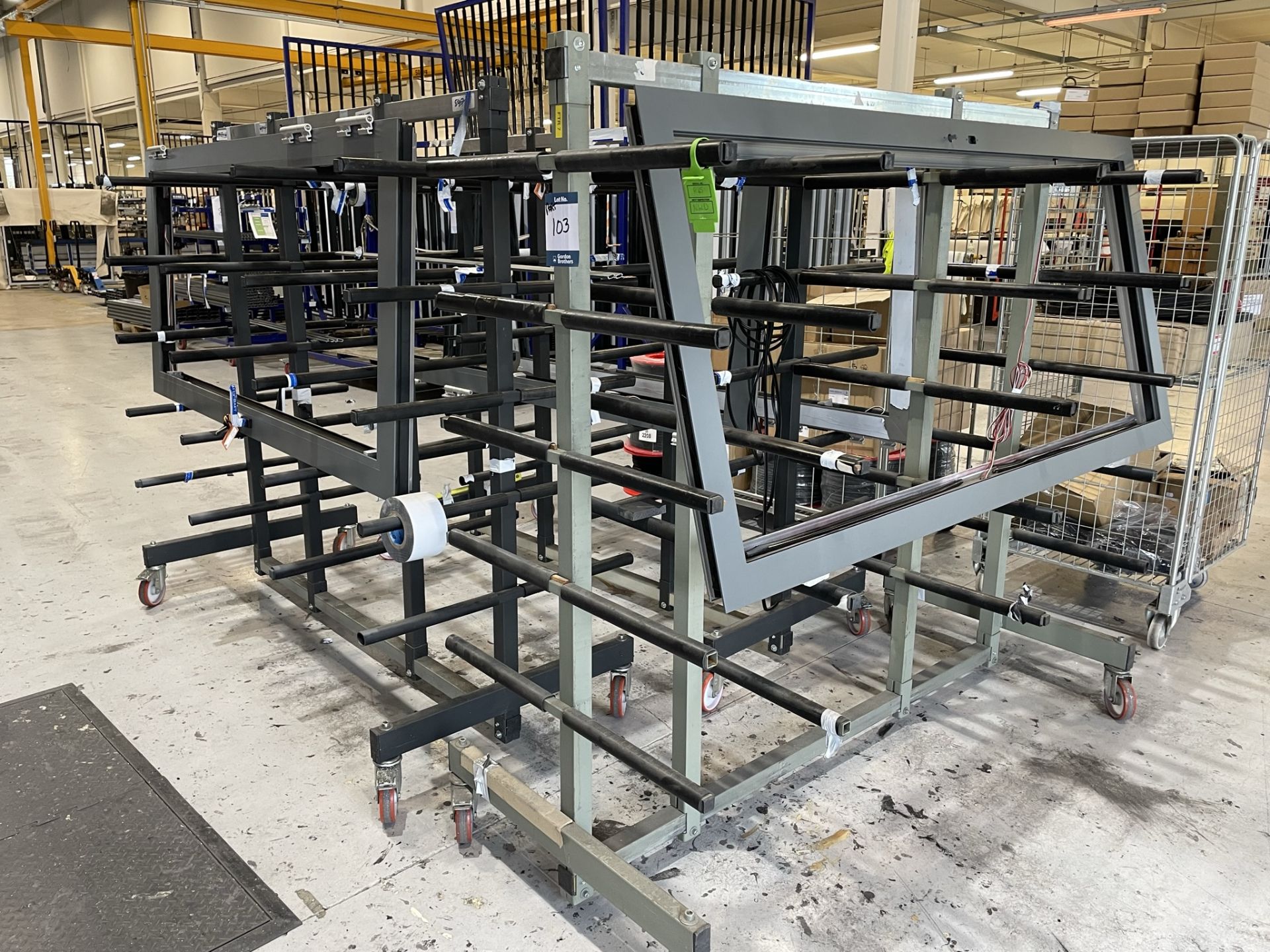 3x (no.) metal framed five tier double sided transporter frames, 1800 x 850 x 1800mm approx. (