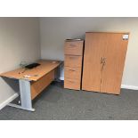 Shaped front light oak veneer desk, four drawer filing cabinet and light oak veneer double door