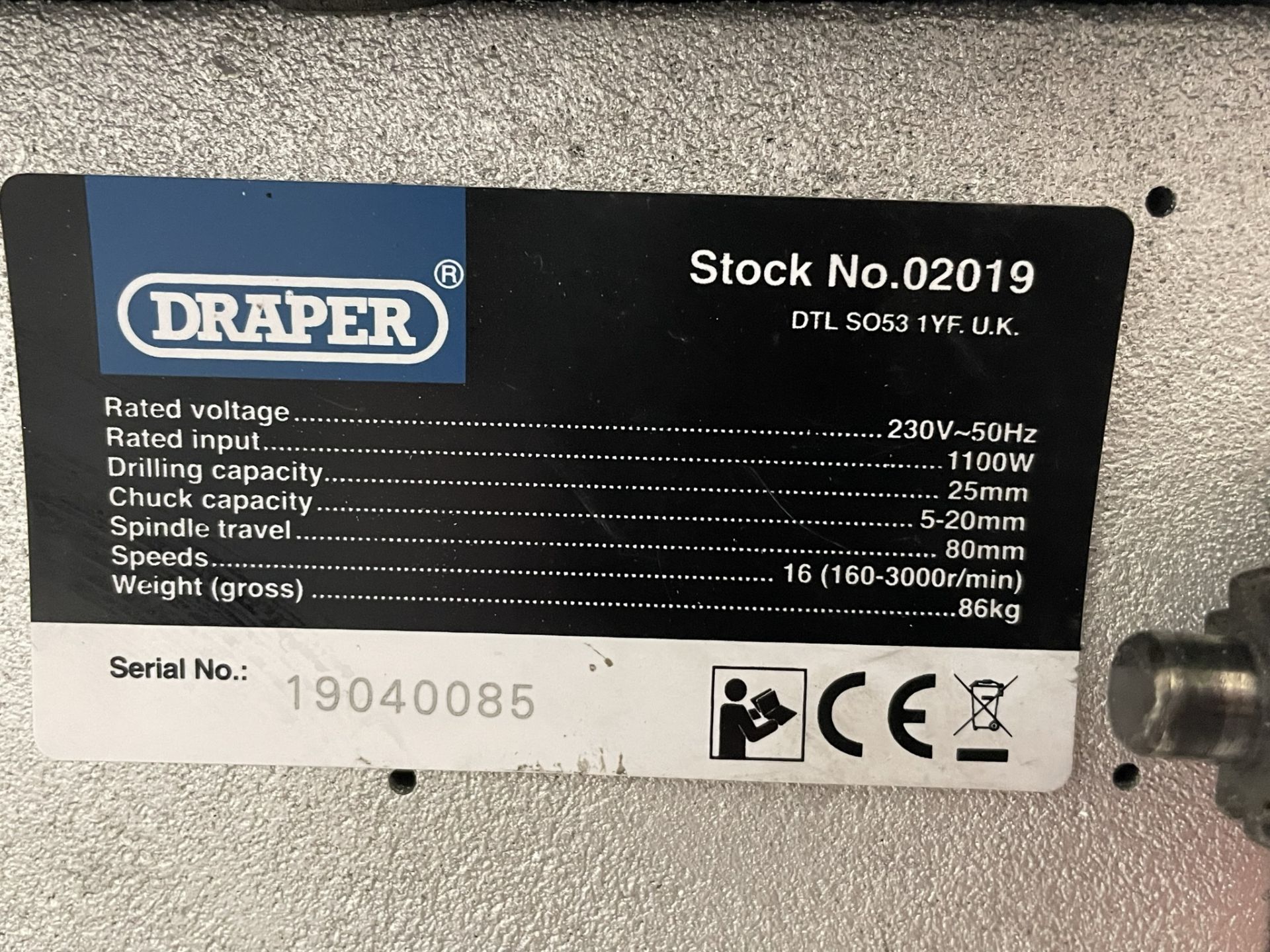 Draper, pedestal drill, Stock No. 02019, Serial No. 19040085 - Image 3 of 3