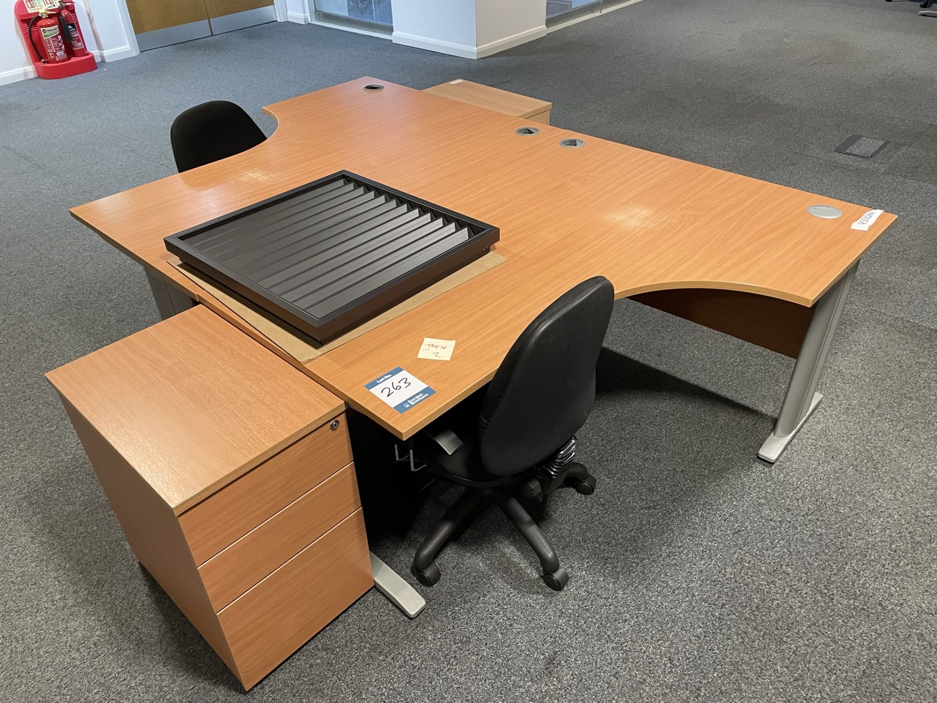 2x (no.) curved front light oak veneer desks, 2x (no.) operators chirs and 2x (no.) pedestals