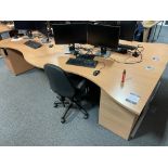 4x (no.) curved front light oak veneer desks, 2x (no.) operator chairs and 4x (no.) pedestals