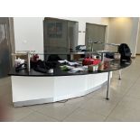 Curved front reception desk with work counter 5m span x 1350mm wide desk, 2x (no.) curved glass