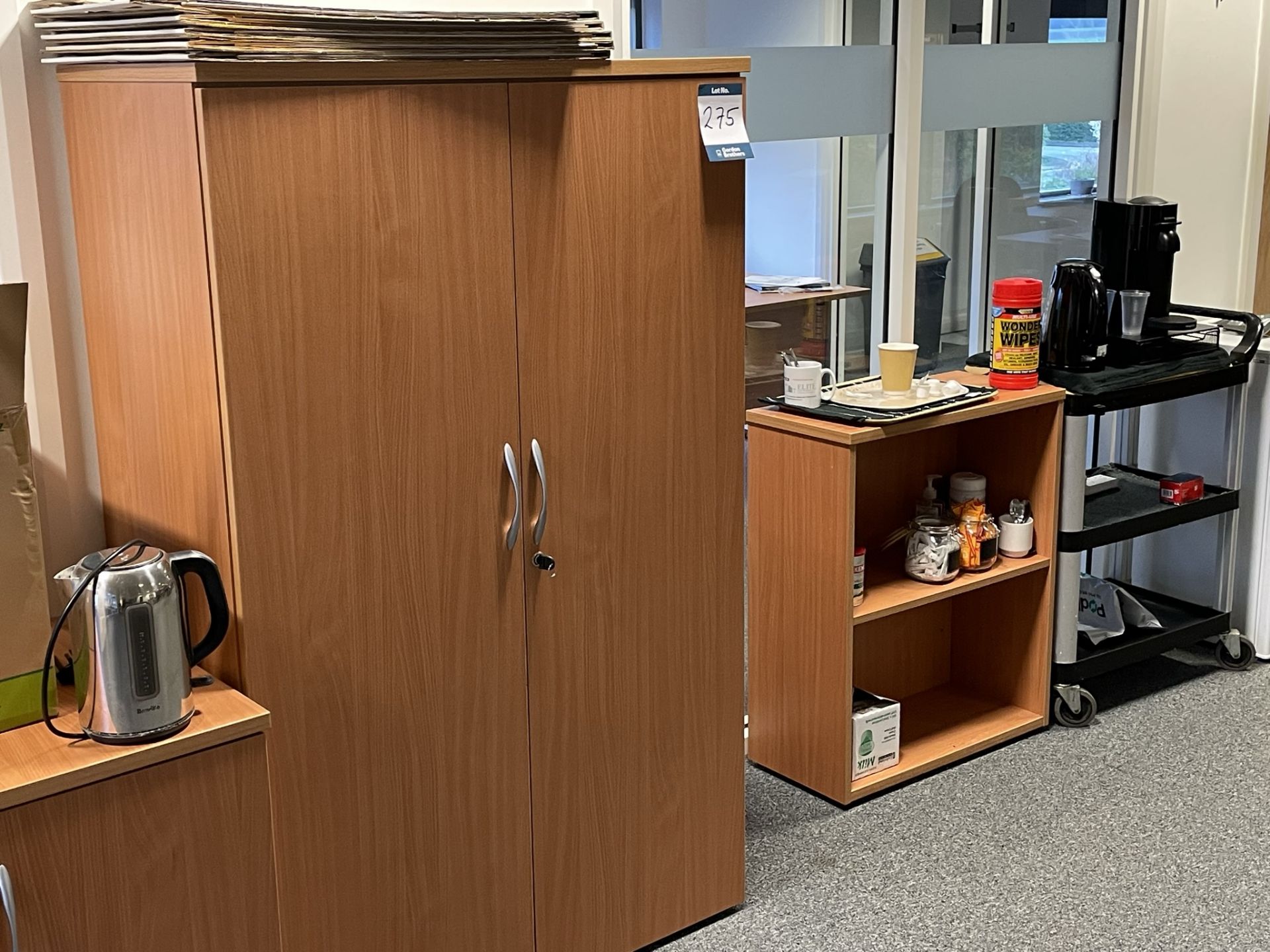 2x (no.) double door light oak veneer cupboards, book shelf and tea trolley