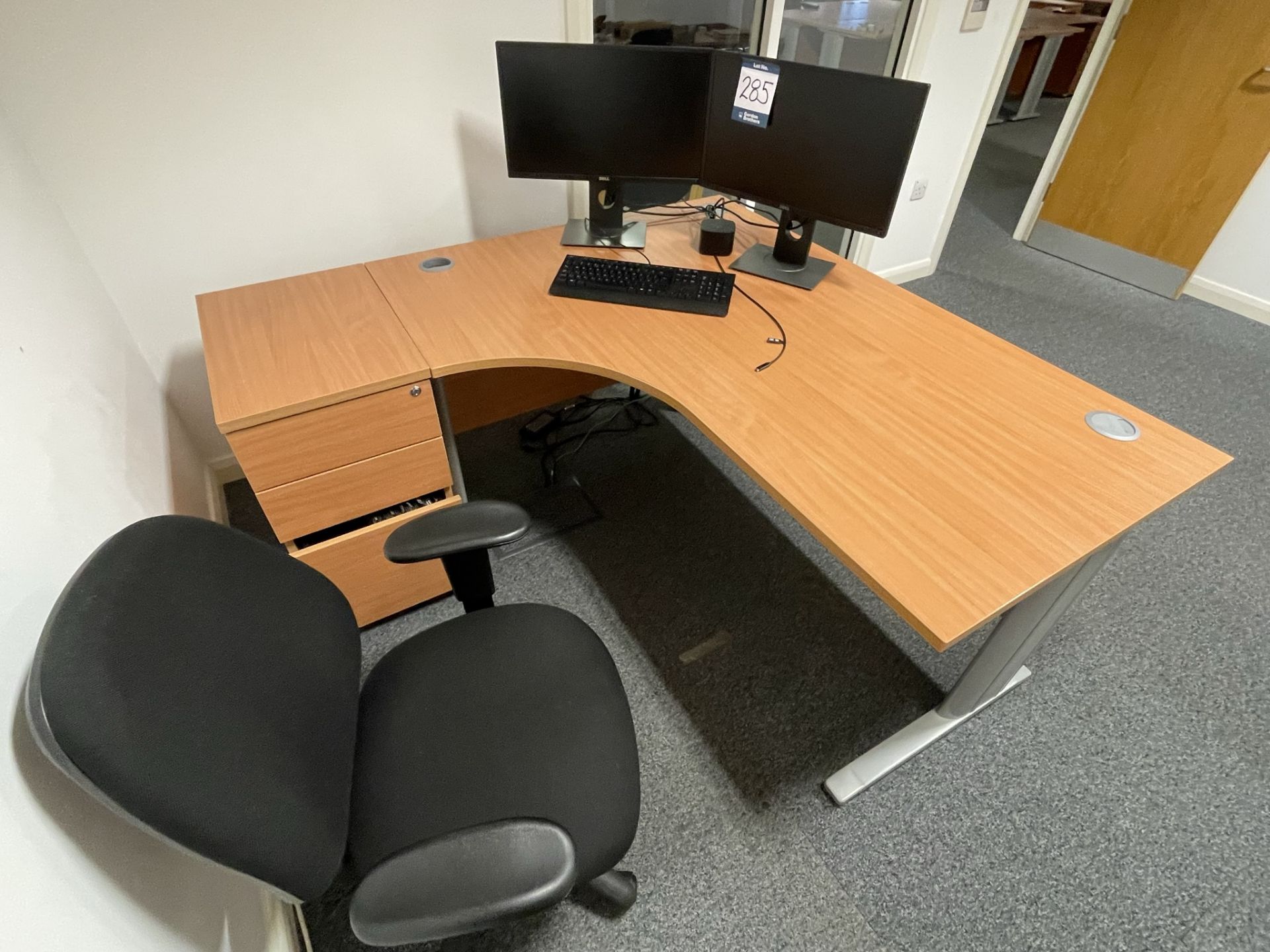 2x (no.) light oak veneer desks, a pedestal, double door cupboard, 3x (no.) chairs and 2x (no.) Dell - Image 3 of 3