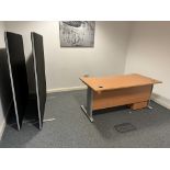 4x (no.) shaped front light oak veneer desks, 2x (no.) partition screens, 4x (no.) pedestals, 2x (