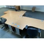 3x (no.) curved front light oak veneer desks, 3x (no.) operator chairs and pedestal