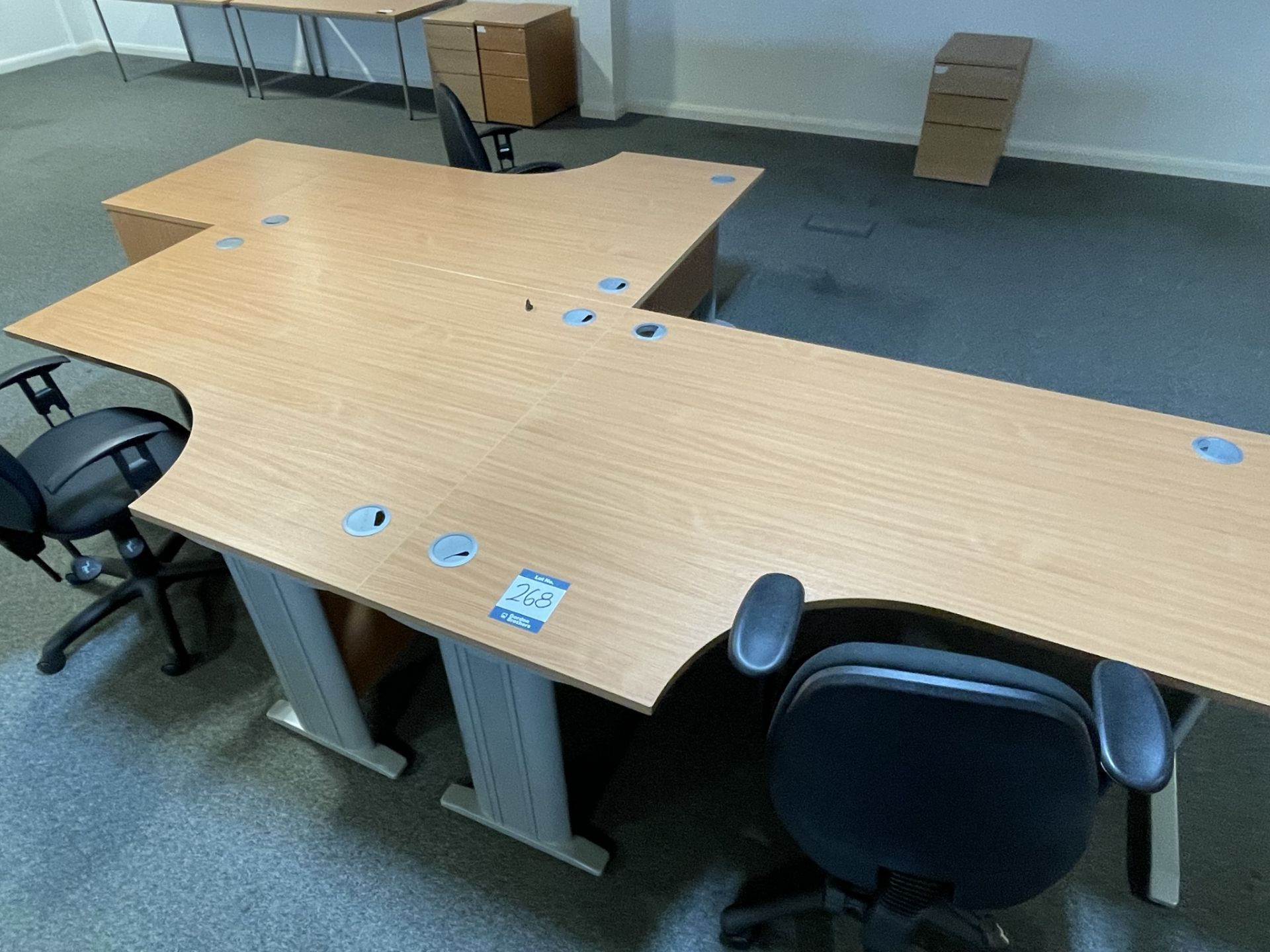 3x (no.) curved front light oak veneer desks, 3x (no.) operator chairs and pedestal