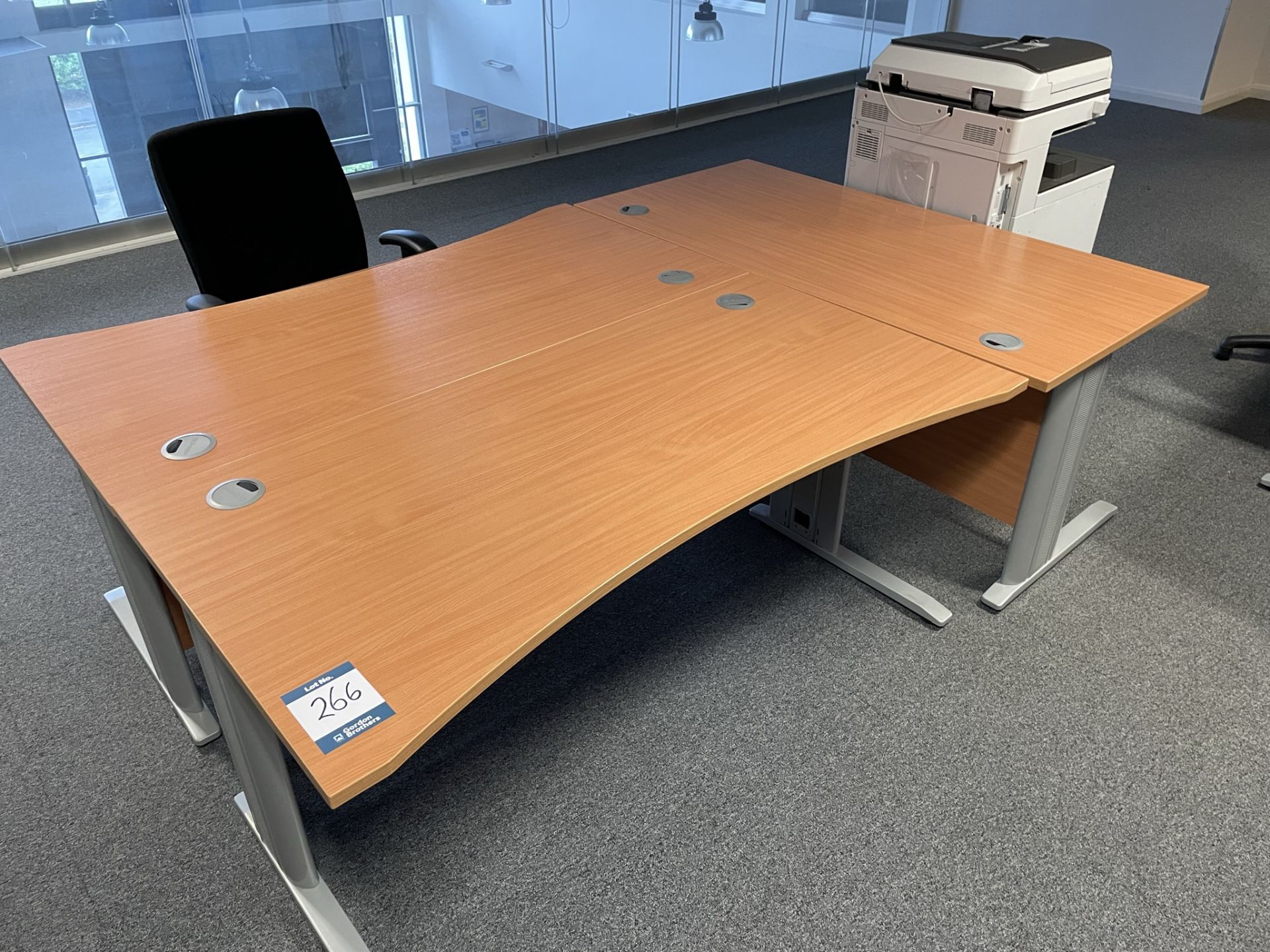 2x (no.) curved front desks, 3x (no.) rectangular desks and 3x (no.) operators chairs
