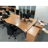 4x (no.) curved front light oak veneer desks, 4x (no.) operators chairs and 2x (no.) pedestals