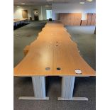 9x (no.) shaped front light oak veneer desks, 3x (no.) rectangular light oak veneer desks and 10x (