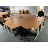 4x (no.) curved front light oak veneer desks, 3x (no.) operators chairs and a pedestal