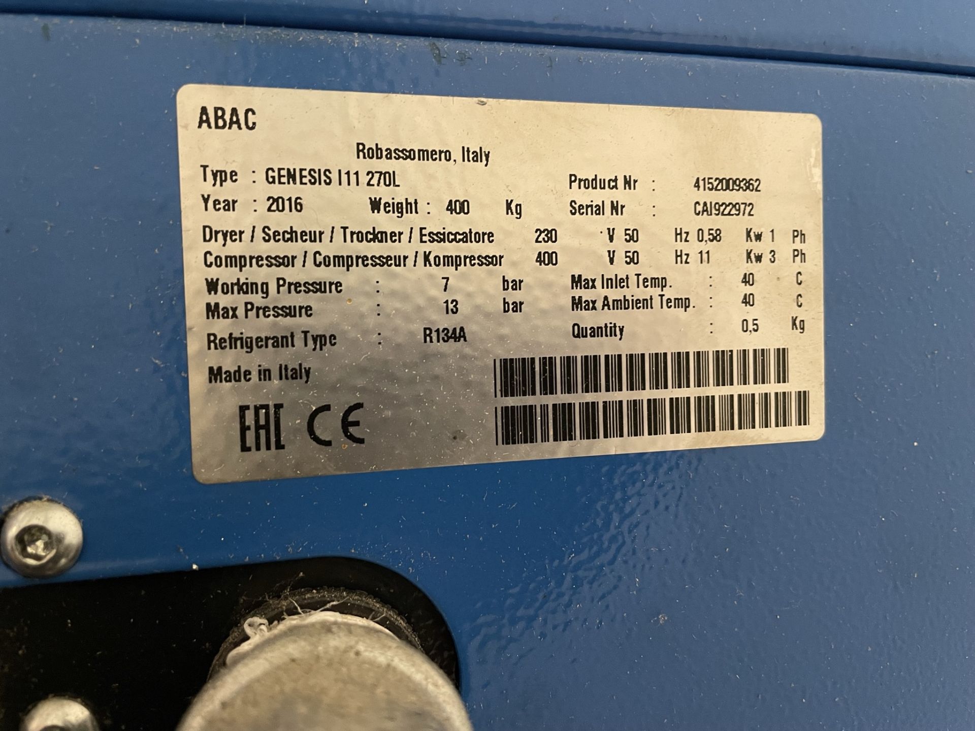ABAC, Genesis II 270L receiver mounted rotary air compressor, Serial No. CAI922972 (DOM: 2016) - Image 5 of 6