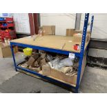 Metal framed packing station, 1850 x 1200mm approx. with reel dispenser and undershelf