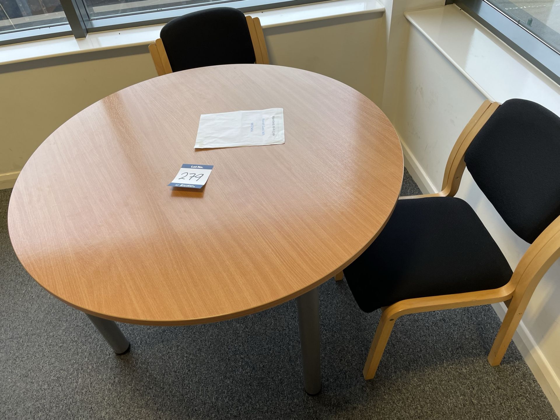 Contents of room to include light oak veneer curved front desk, circular table, cupboard, - Image 2 of 3