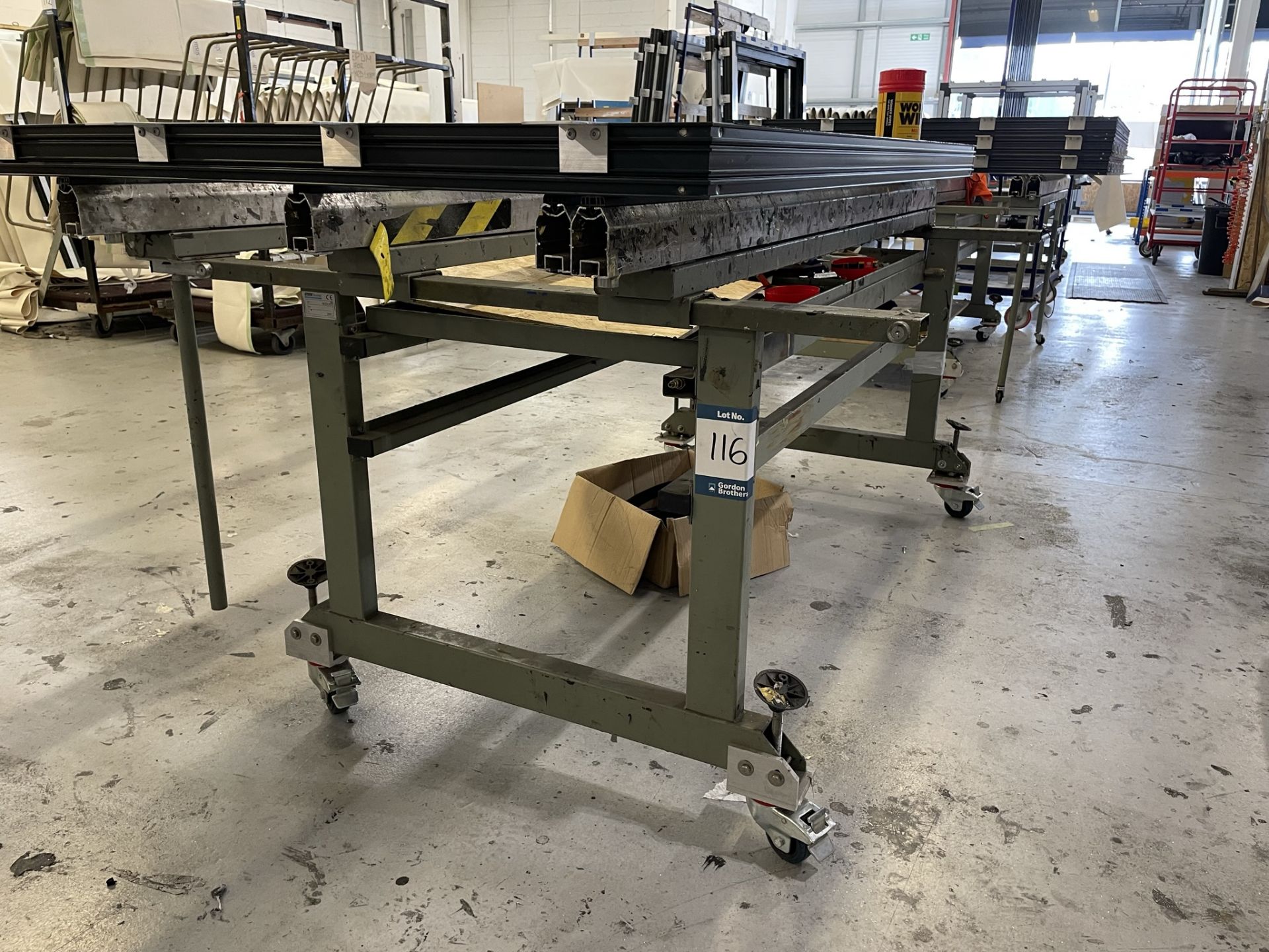 Mobile/expandable window frame fabrication bench, 2000 x 1400mm approx. (excluding contents)