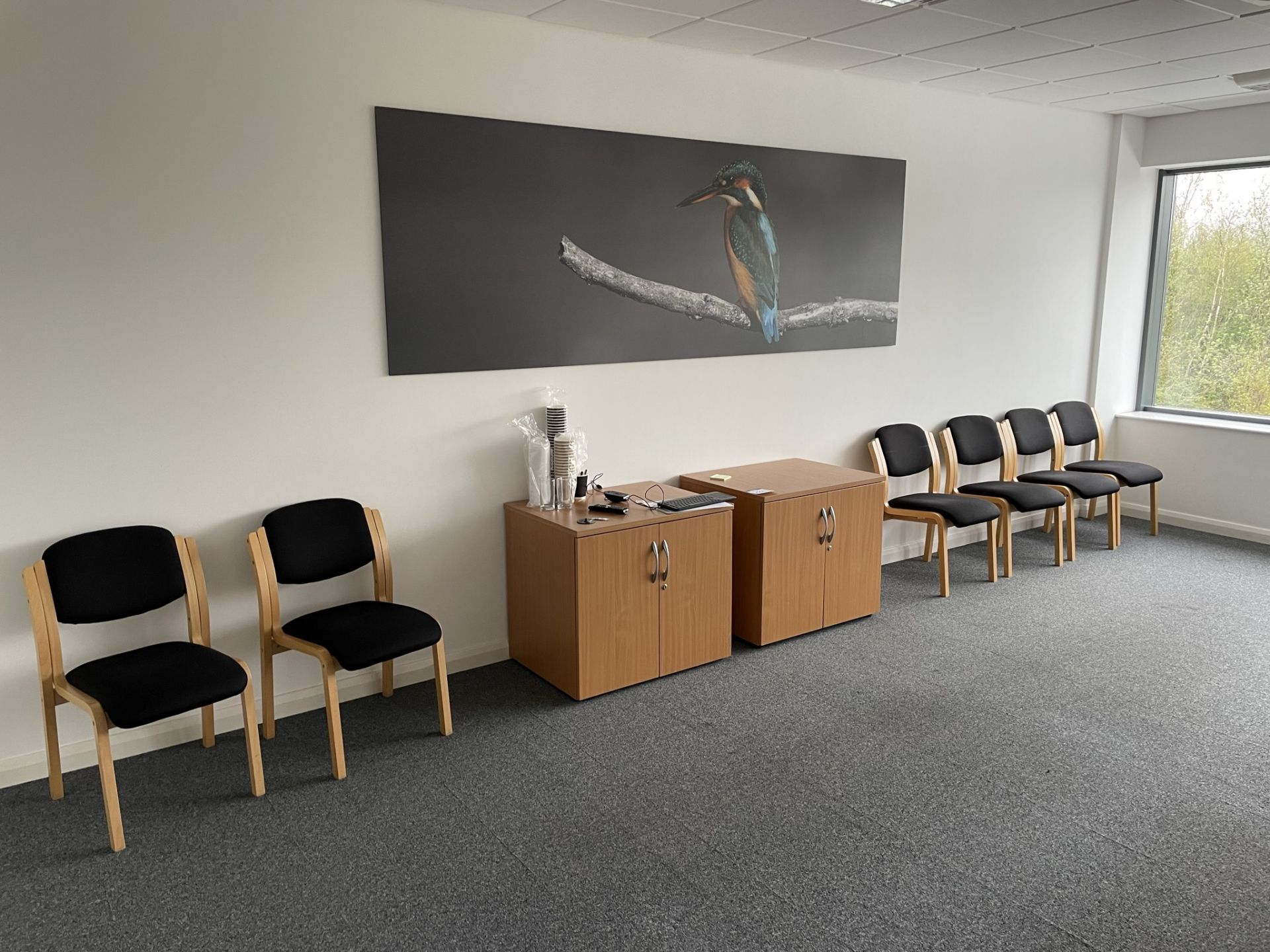 12x (no.) black cloth upholstered stand chairs and 2x (no.) light oak veneer double door cupboards - Image 2 of 4