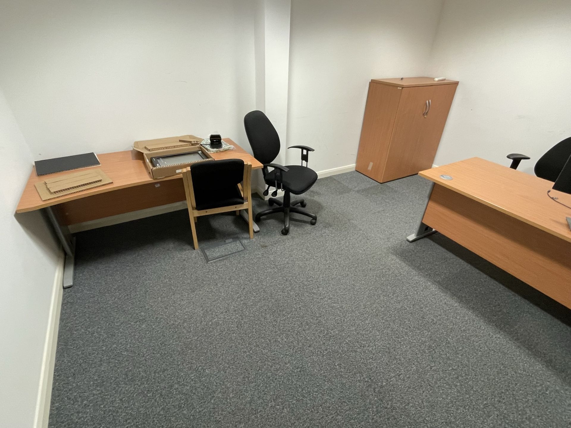 2x (no.) light oak veneer desks, a pedestal, double door cupboard, 3x (no.) chairs and 2x (no.) Dell - Image 2 of 3