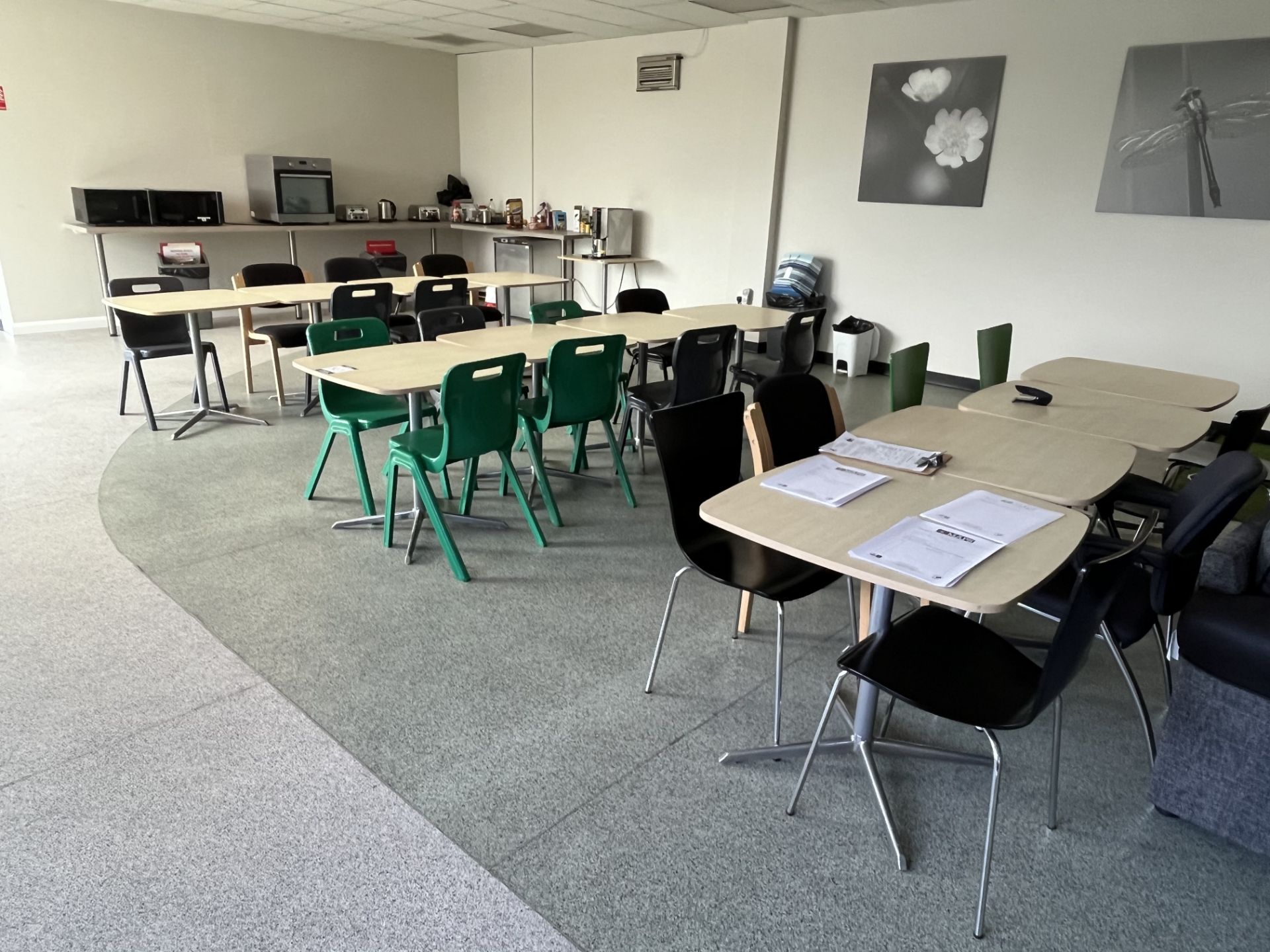 17x (no.) square laminate canteen tables and 29x (no.) plastic stacking chairs