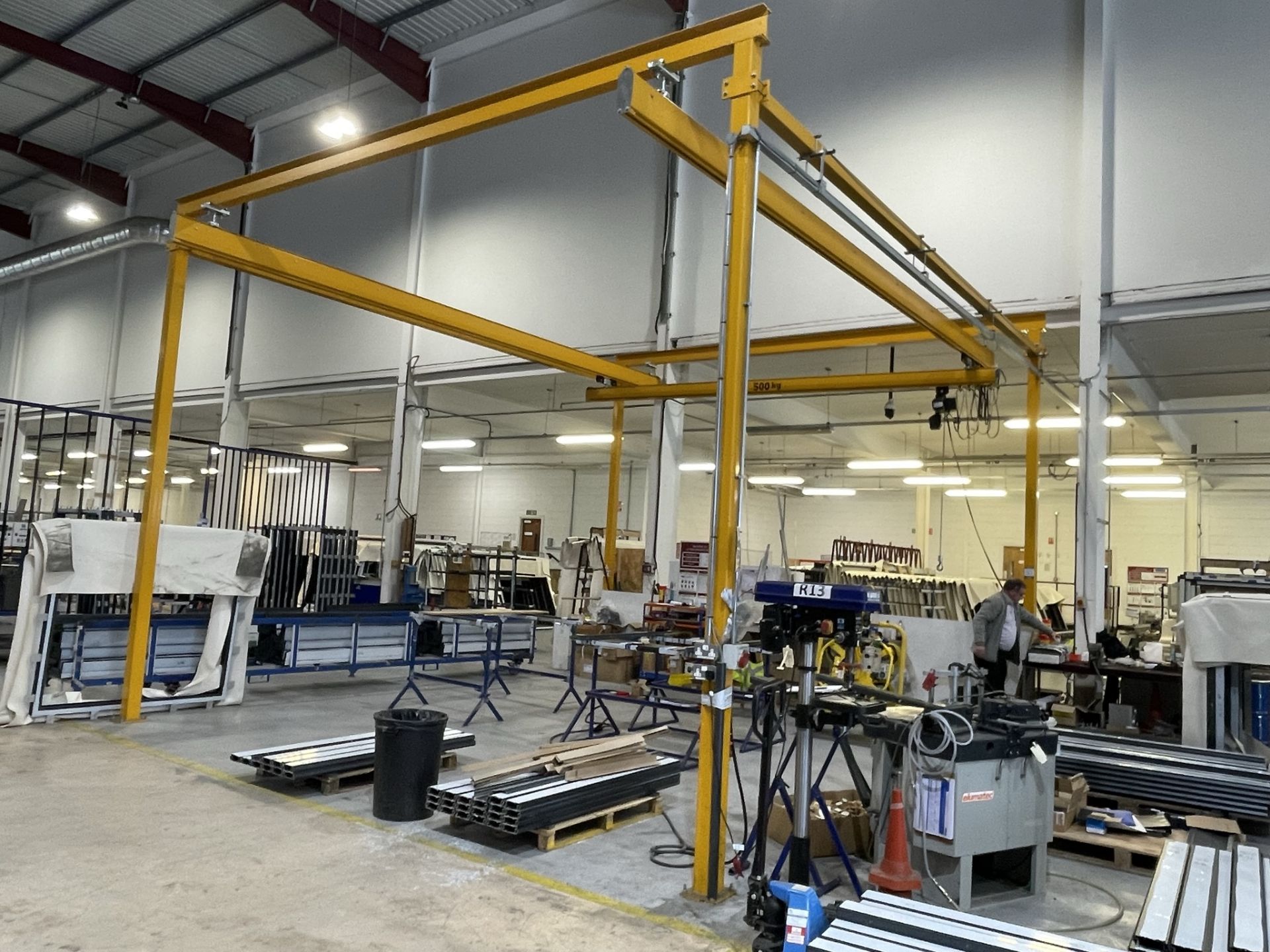 Steel lifting gantry, approx. 8m x 6m with lifting beam (SWL 500kg), Street electric chain block and - Image 2 of 8