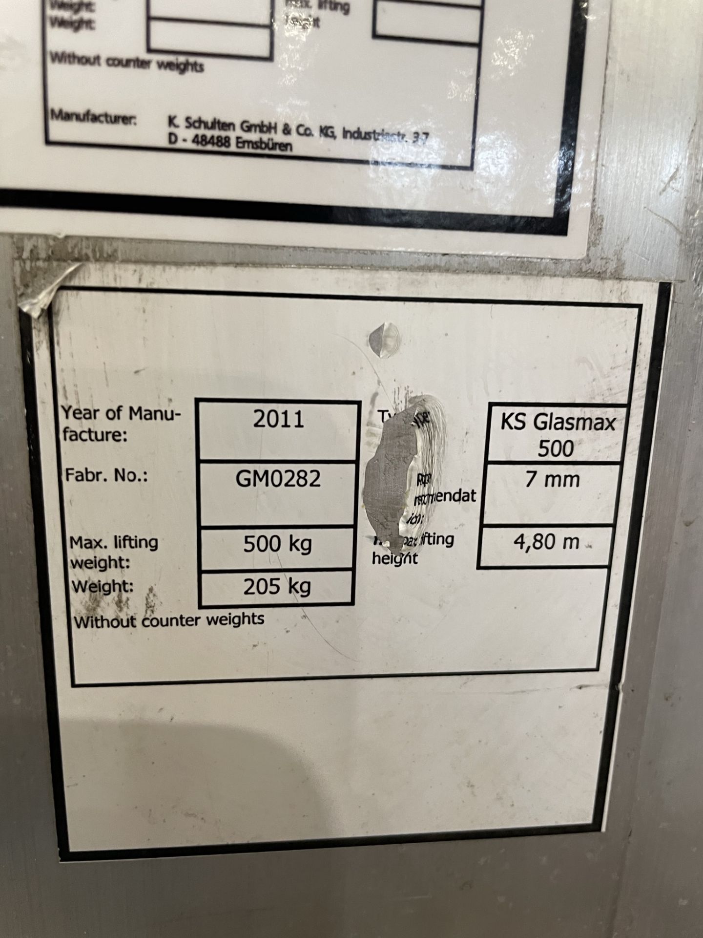 K Schulten, KS Glasmax 500 mobile aluminium glass handling crane, SWL 500kg, Serial No. GM0282 (DOM: - Bild 6 aus 6