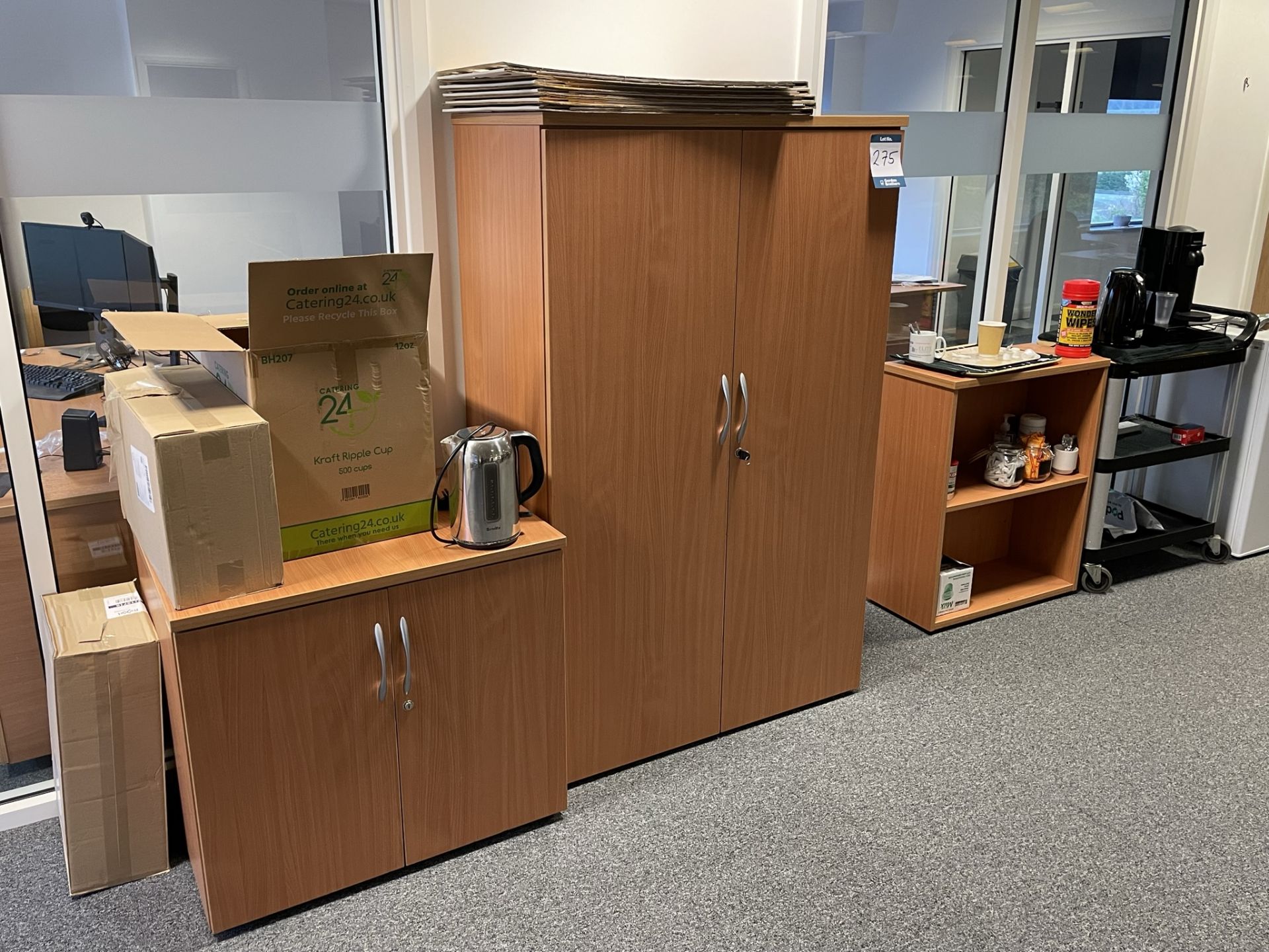 2x (no.) double door light oak veneer cupboards, book shelf and tea trolley - Image 2 of 2