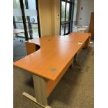 2x (no.) shaped front light oak veneer desks, 3x (no.) pedestals, light oak veneer tall double